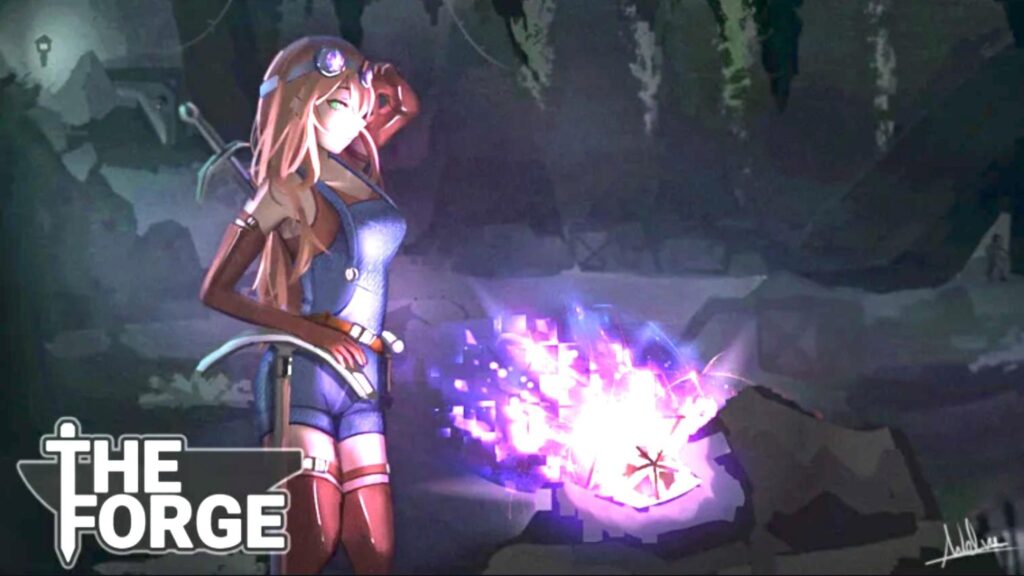 A young explorer stands in a cave as a glowing crystal erupts with energy during The Forge