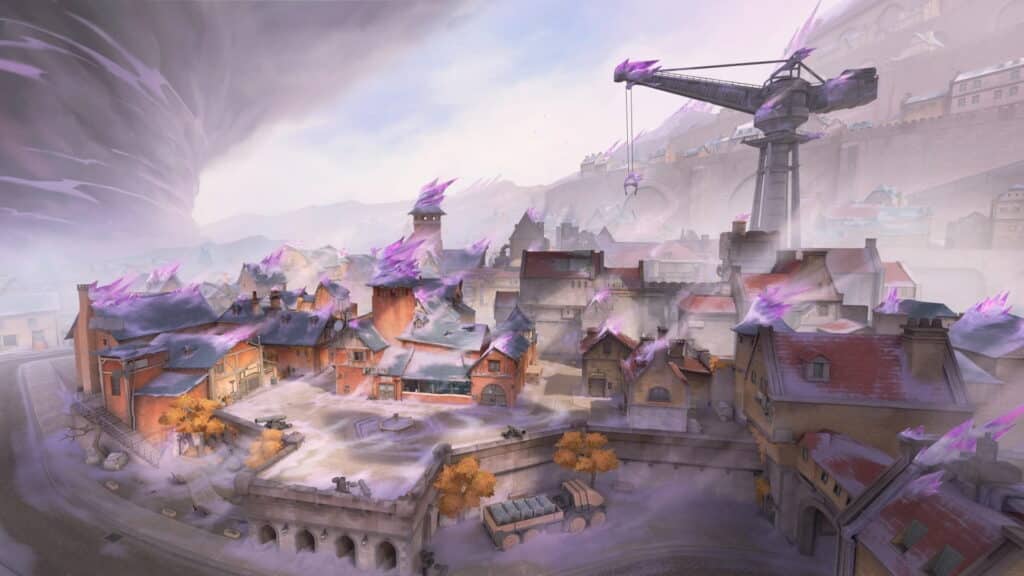 ヨーロッパの古い町を舞台にしたドラマチックなVALORANTマップでは、紫色のクリスタルエネルギーが屋根全体に広がっています。