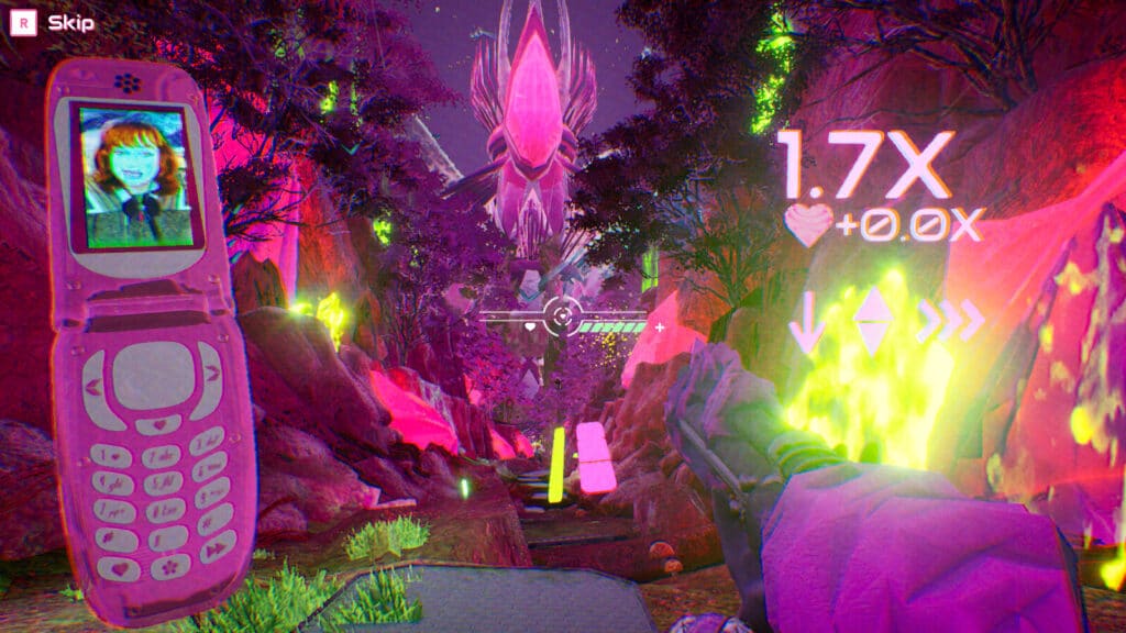 A glowing crystal enemy towers ahead during a combat sequence in Don’t Stop Girlypop