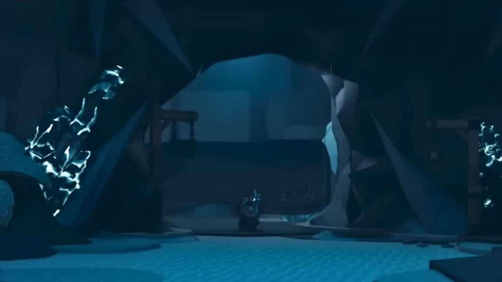 A lone explorer enters a glowing crystal filled cavern in the underground world of The Forge