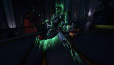 Warframe features a frame suspended mid air while channeling intense green energy