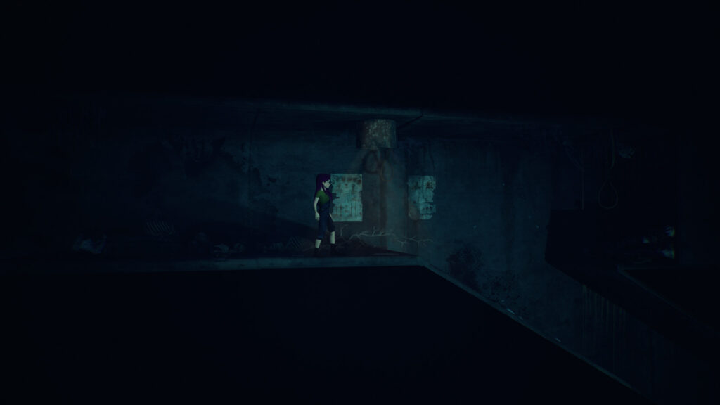 The protagonist explores a shadowy interior room filled with worn walls in Ayasa Shadows of Silence