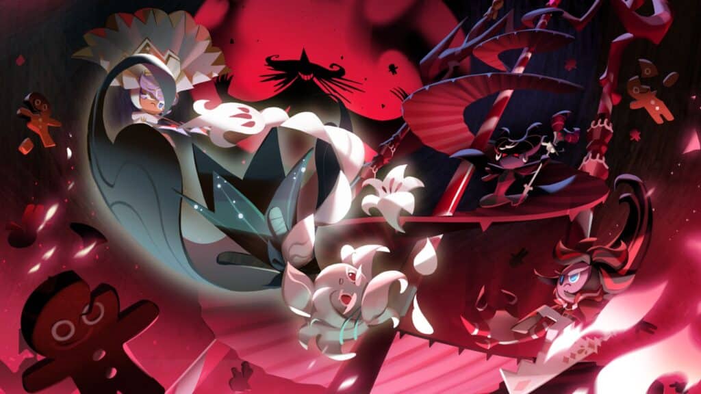 В драматической багровой сцене, наполненной теневыми фигурами и магией, сталкиваются несколько персонажей Королевства Куки Ран.