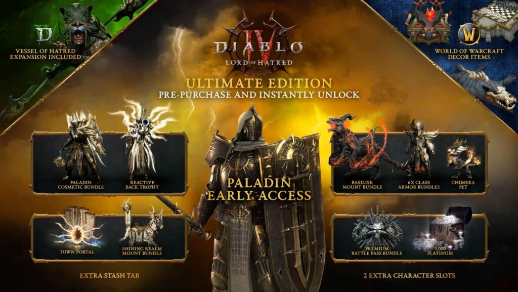 Diablo 4 Lord of Hatred Ultimate Edition showing Paladin early access and pre-order bonuses