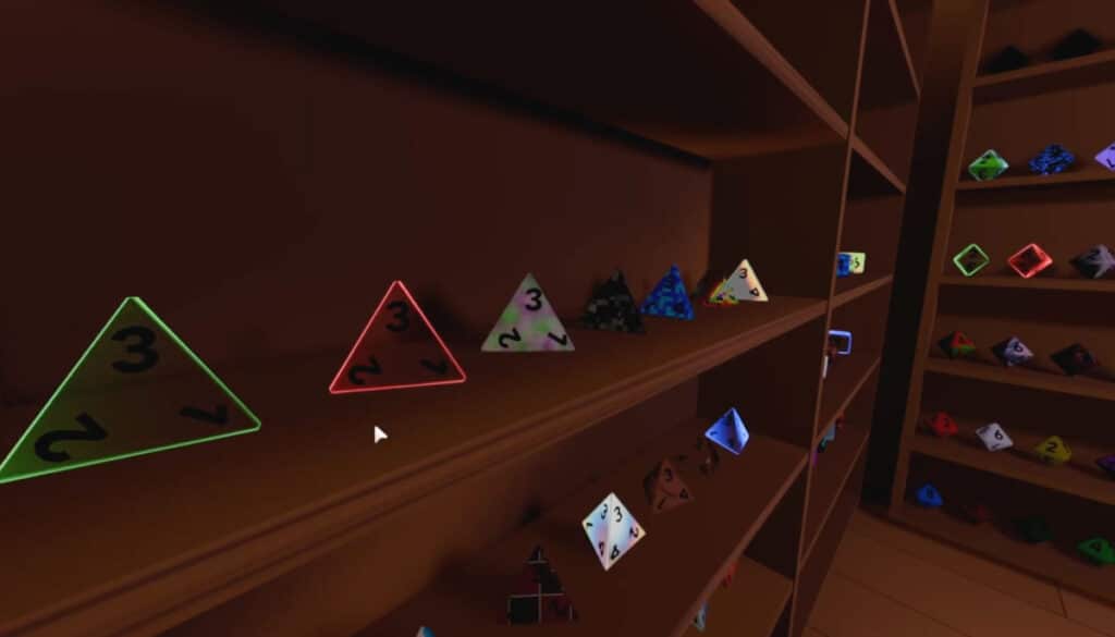 Colorful numbered dice are neatly displayed on wooden shelves inside Dice Roller Incremental