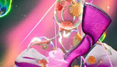 A dreamy close up shows a crystal formation surrounded by glowing pink and gold details in Don’t Stop Girlypop