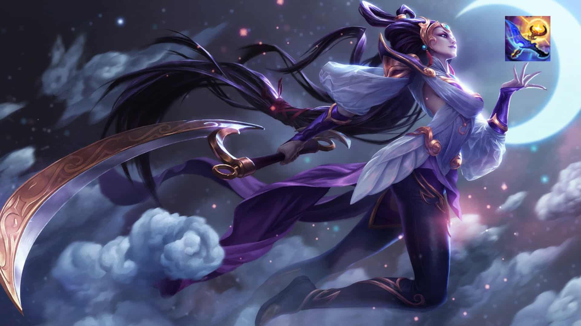 Image of Diana from League of Legends and the icon of the Dusk and Dawn item.