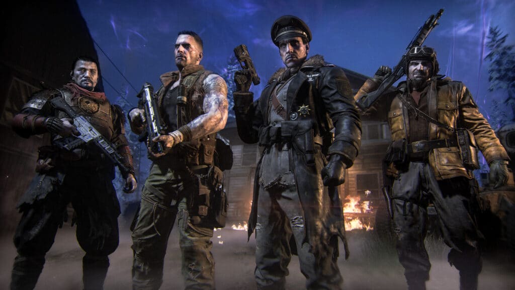 A group of heavily armed soldiers stands together in a dark combat setting in CoD Black Ops 7
