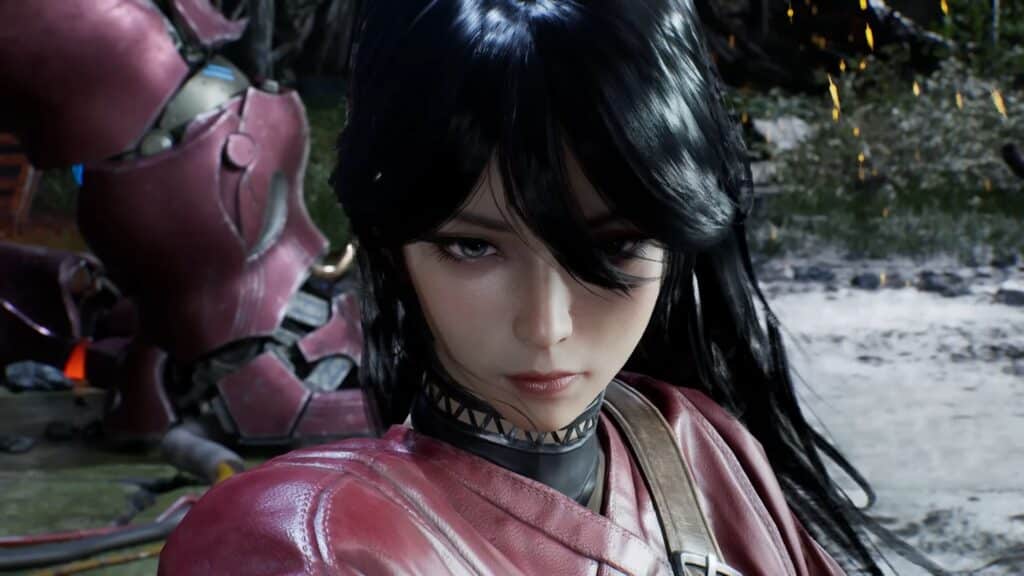 Eve stands in the foreground with a focused expression as a mechanized enemy looms behind her in Stellar Blade