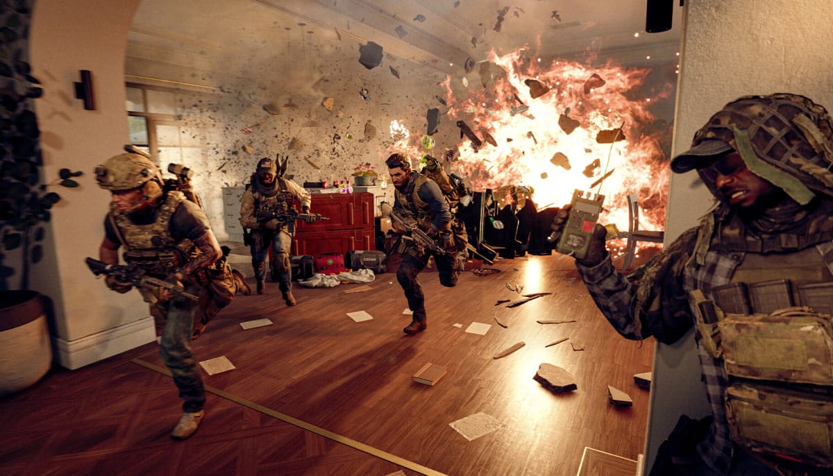 Battlefield 6 soldiers storm a building as a massive explosion tears through the interior during a high risk assault