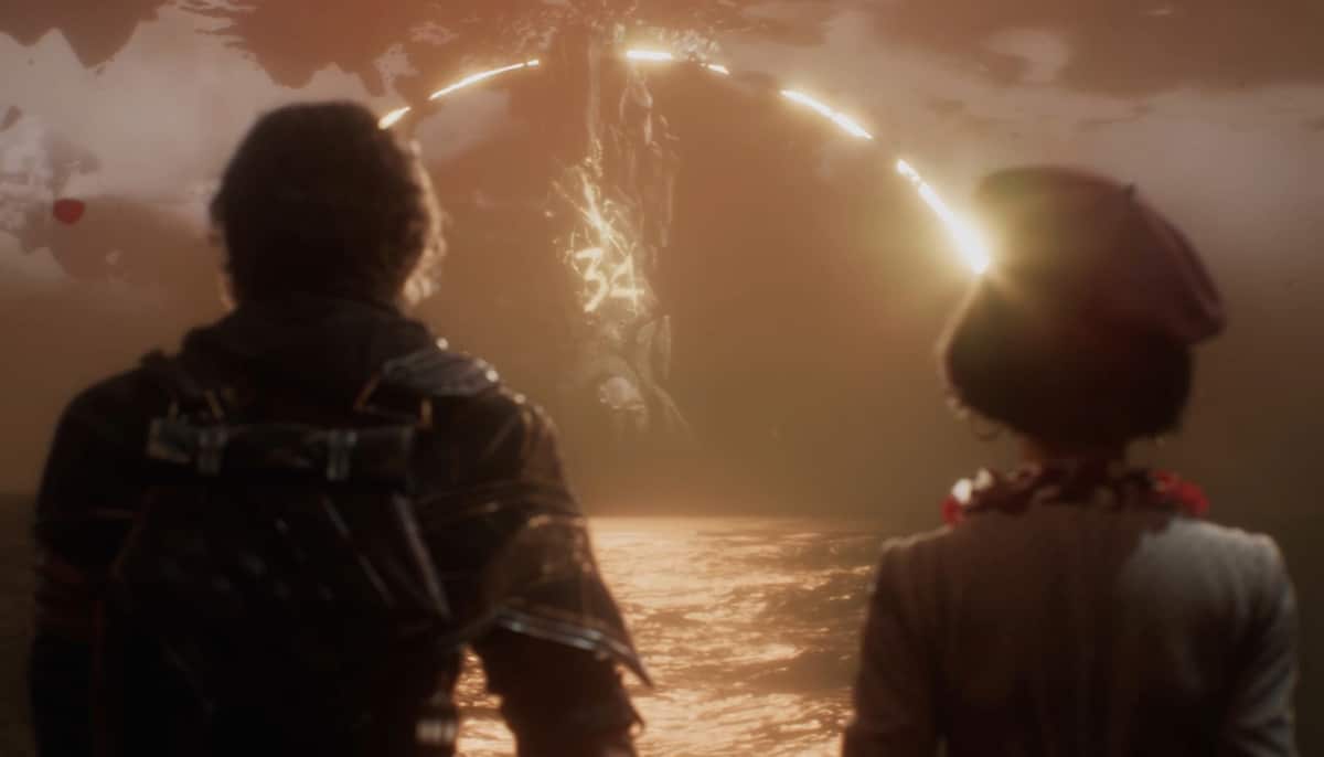 Two characters stand at the water’s edge watching a glowing arc of light form in the sky in Clair Obscure Expedition 33