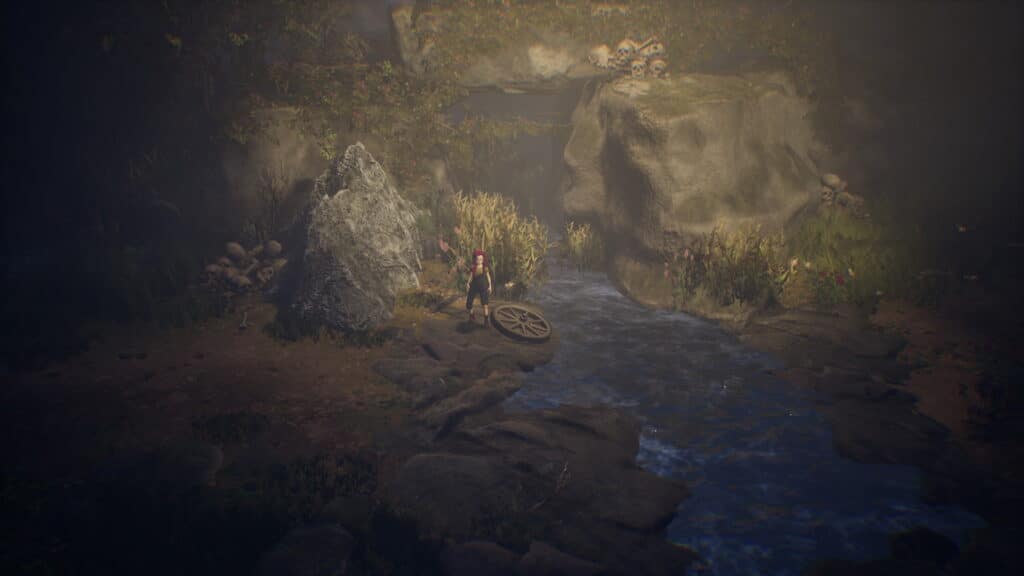 The protagonist stands near a shallow stream surrounded by rocks and skulls in Ayasa Shadows of Silence