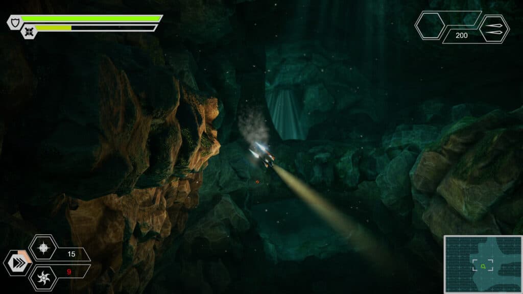 The submersible travels through a wide underwater cave with light filtering from above in Submerged