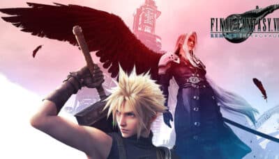 Final Fantasy VII Remake artwork shows Cloud Strife in the foreground with Sephiroth standing behind him against a dramatic pink sky