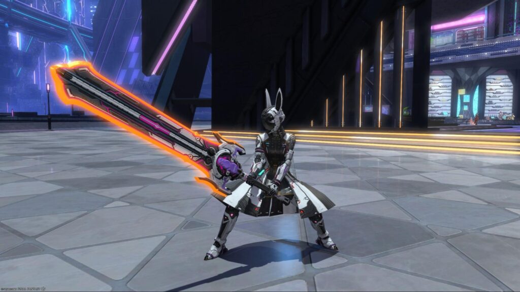 Final Fantasy XIV Online character holds a massive glowing sword in a neon lit futuristic city