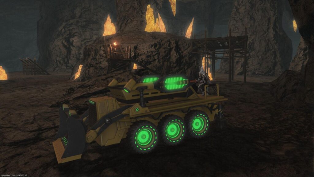 Final Fantasy XIV Online shows a player riding a glowing mechanical vehicle inside a crystal filled cave