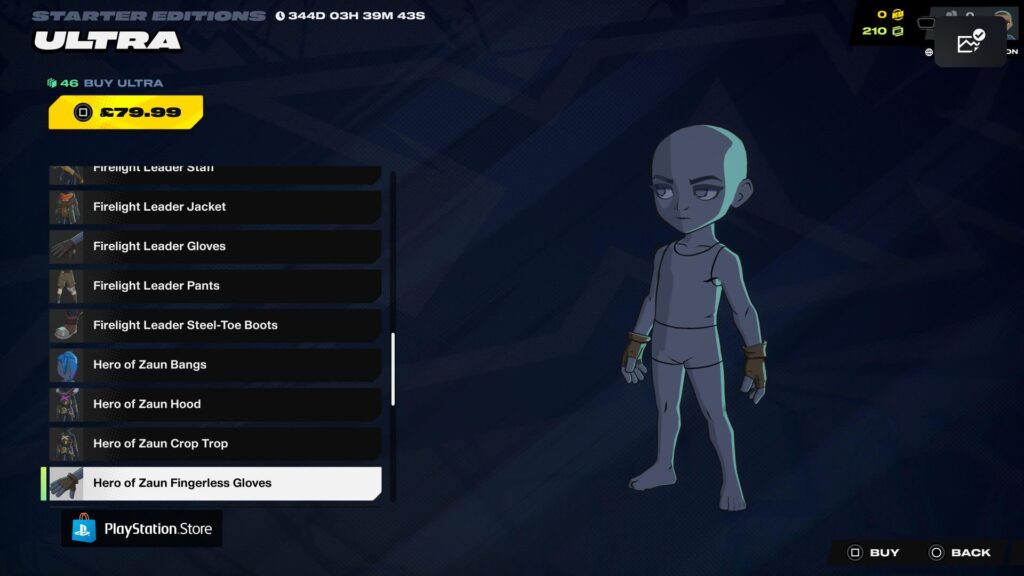 ベースキャラクターモデルが裸足で立っており、ファイアライトリーダーのギアオプションが2XKOメニューに表示されている