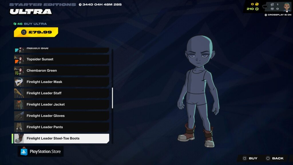 2XKOカスタマイズ画面で立っているキャラクターは、ファイアライトリーダーのスチールトゥブーツを履いている。