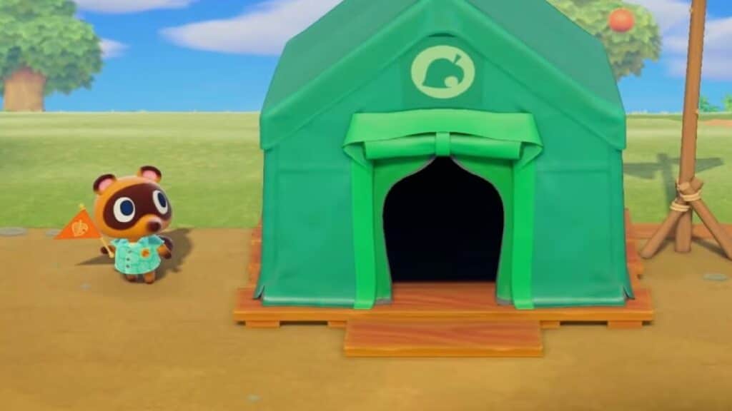 Tom Nook stands beside the green campsite tent during early island development in Animal Crossing New Horizons