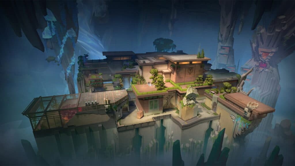 VALORANTの階層化されたマップは、広大な深淵の上に浮かぶ近代的な建物と緑豊かな崖の間に浮かんでいます。