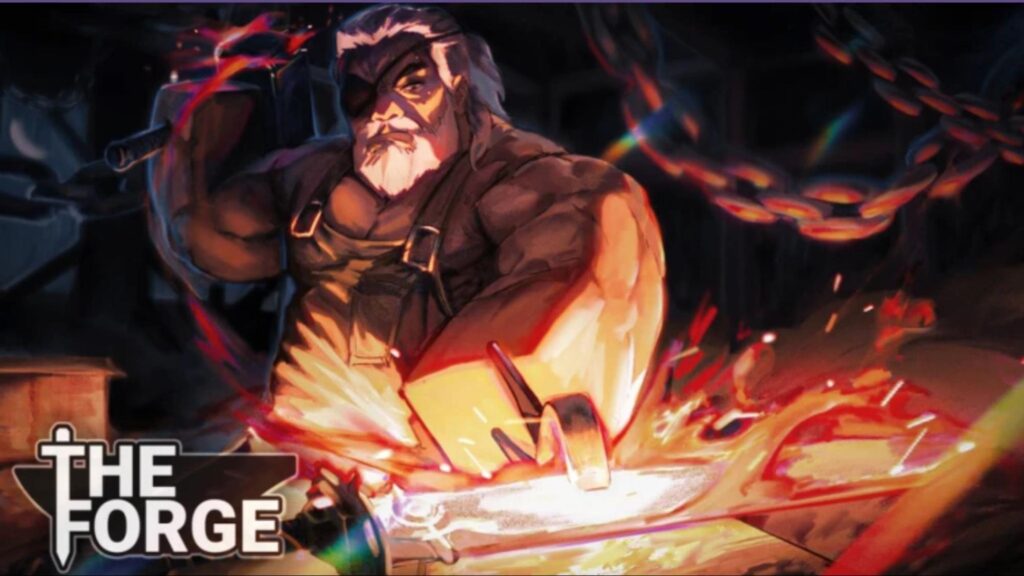 A massive warrior works molten metal at the anvil surrounded by sparks in The Forge