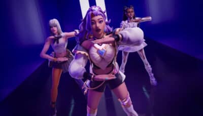 Three Fortnite Chapter 8 characters perform a synchronized dance inside a glowing futuristic corridor