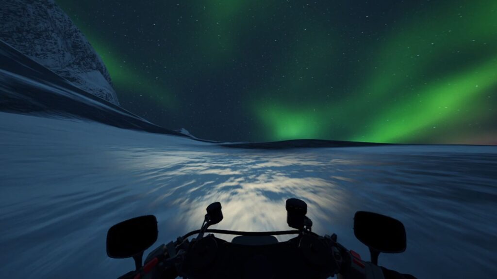 A first person motorcycle ride cuts across icy terrain under green aurora lights in Lanesplit