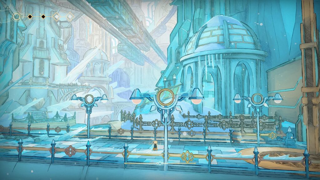 An icy futuristic city stretches into the distance with bridges and towers in MIO Memories in Orbit