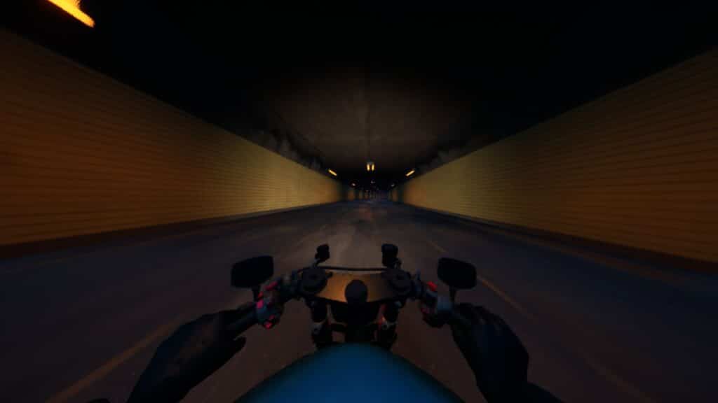 The rider speeds through a long yellow lit tunnel from a first person view in Lanesplit