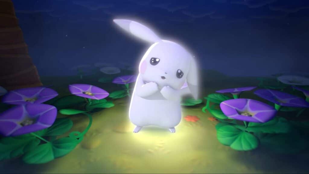 A glowing white Pokémon stands among flowers at night creating a magical moment in Pokémon Pokopia