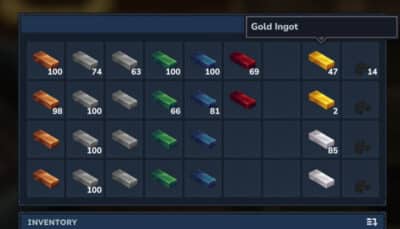 The Hytale inventory shows rows of metal ingots including gold silver and other refined materials