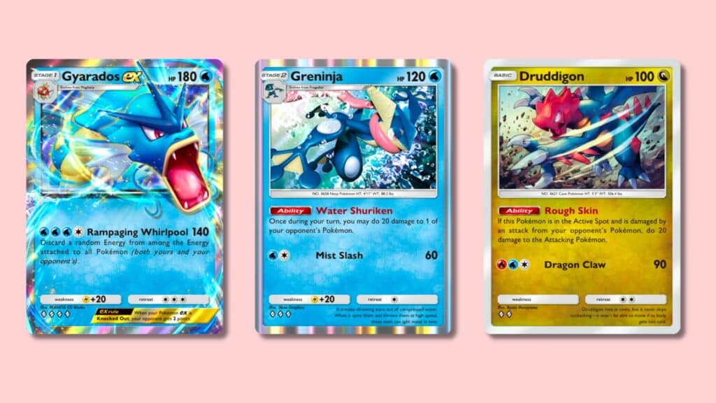 Three Pokémon TCG Pocket cards featuring Gyarados ex, Greninja, and Druddigon