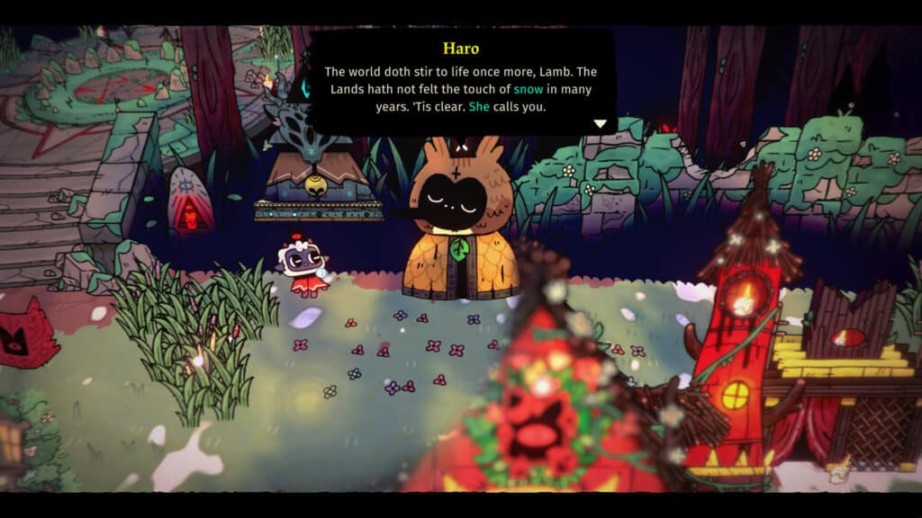 A Cult of the Lamb Woolhaven scene shows the Lamb speaking with Haro in a snowy forest village