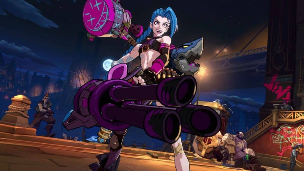 2XKOの夜のドックステージで巨大な銃を振り回しながら自信に満ちた笑顔を見せるジンクス