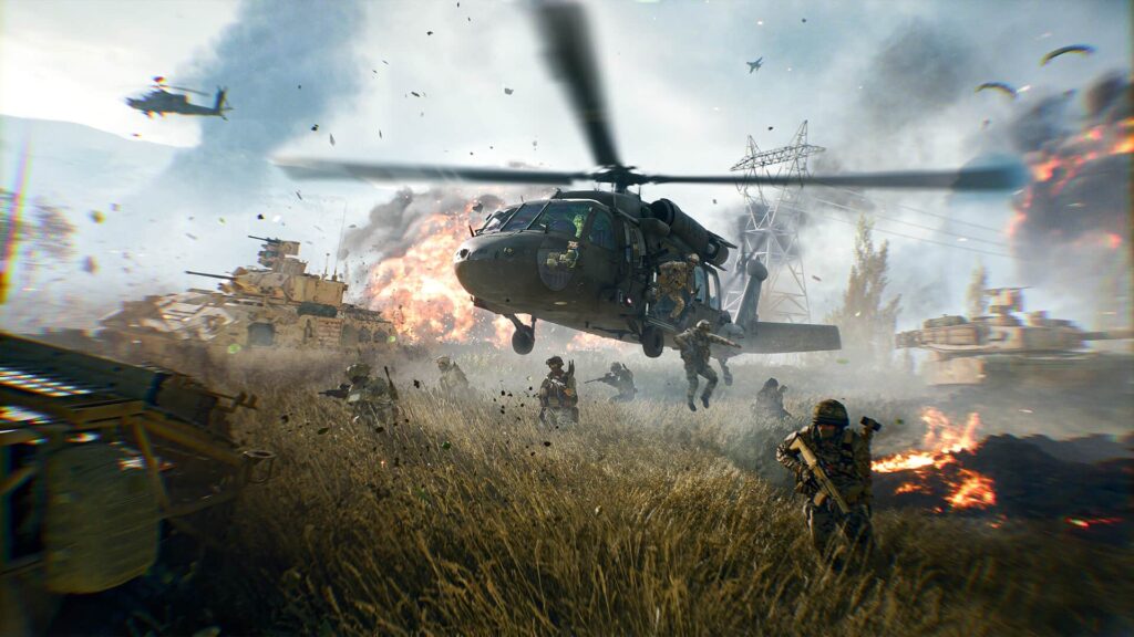 Troops deploy from a helicopter in Battlefield 6 while tanks and explosions dominate an open combat zone