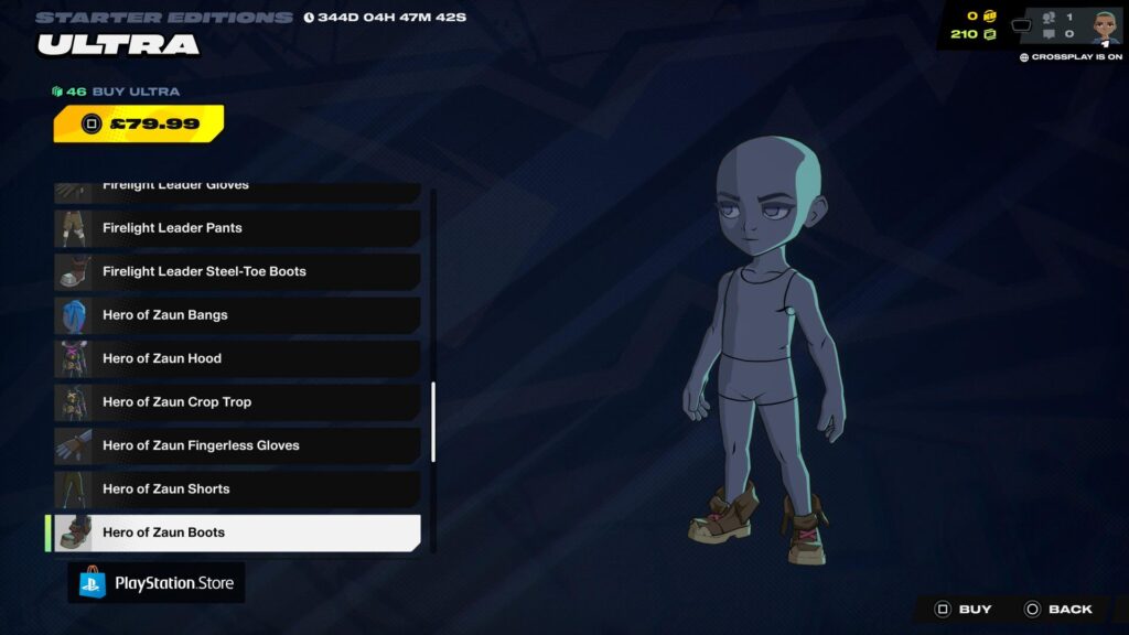 キャラクターモデルは、2XKOの衣装選択画面に表示される頑丈なゾウンの英雄のブーツを履いている。