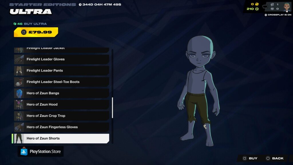 2XKOスターターエディションのメニューには、緑色のゾウンの英雄のショートパンツを履いたキャラクターが表示されている。