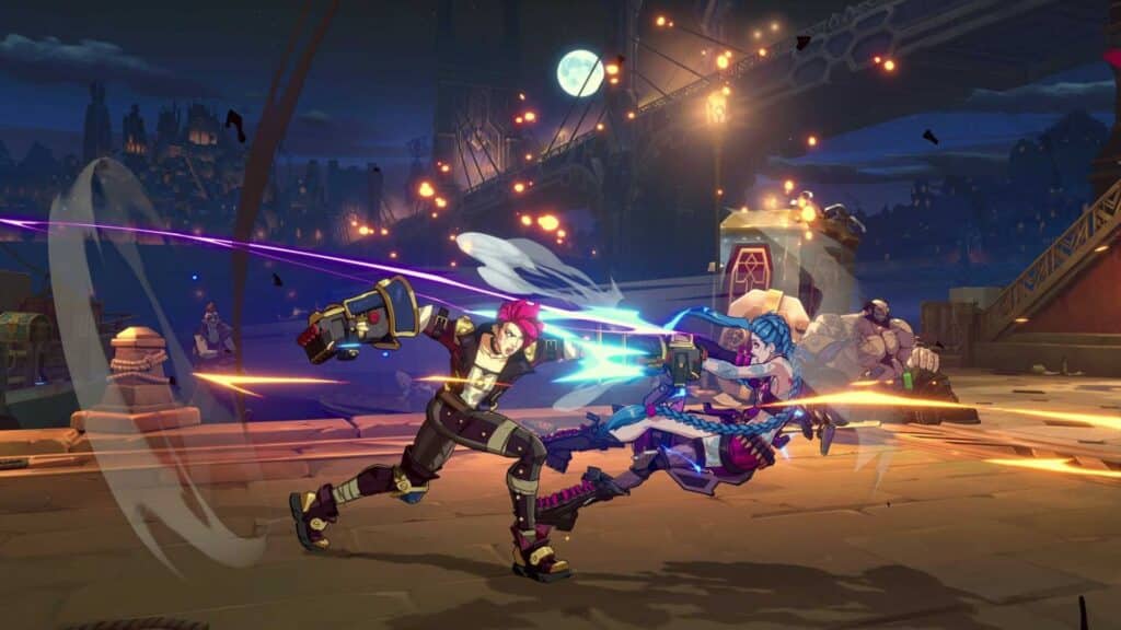 2XKOの夜の橋の戦いで、2人のファイターがエネルギーの軌跡を飛ばしながら全速力で衝突する