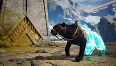 Highguard game scene featuring mount which looks like a panther with half its body in blue energy