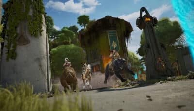 Riders on animals sprint past a stone gateway with glowing technology embedded in the structure in Highguard