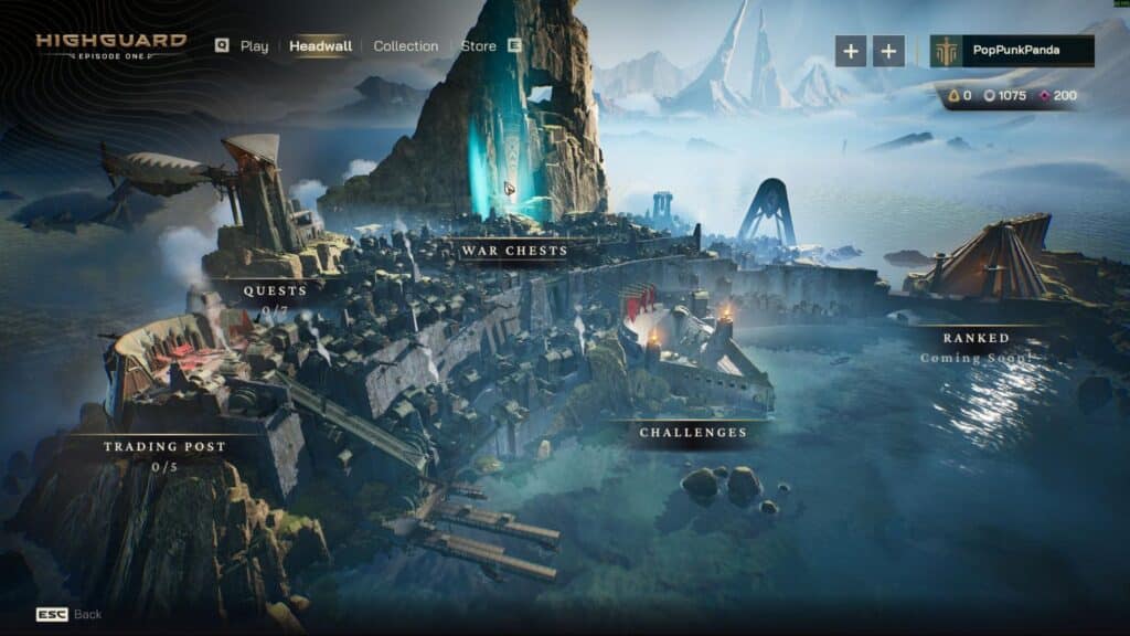 The Highguard main menu displays the world map with War Chests Quests Challenges and upcoming Ranked mode