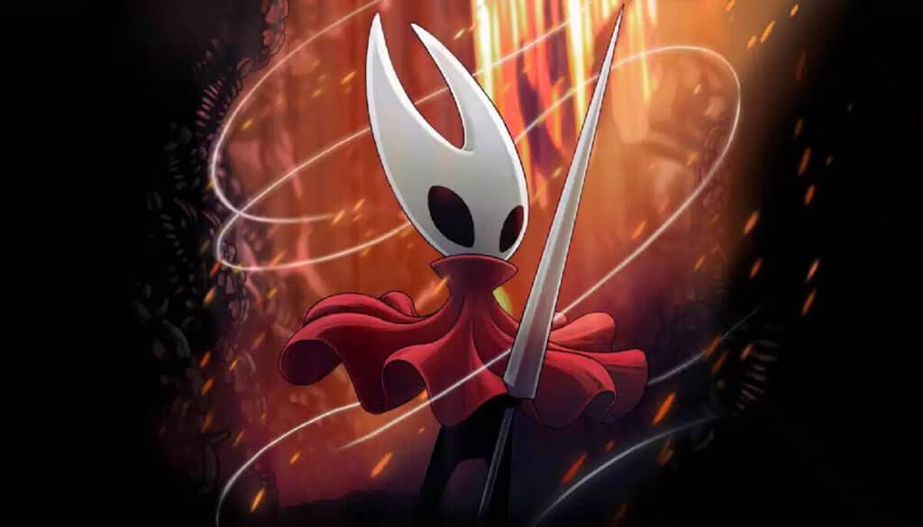 Hollow Knight Silksongでは、ホーネットが針を構えて光る環境を飛び越える。