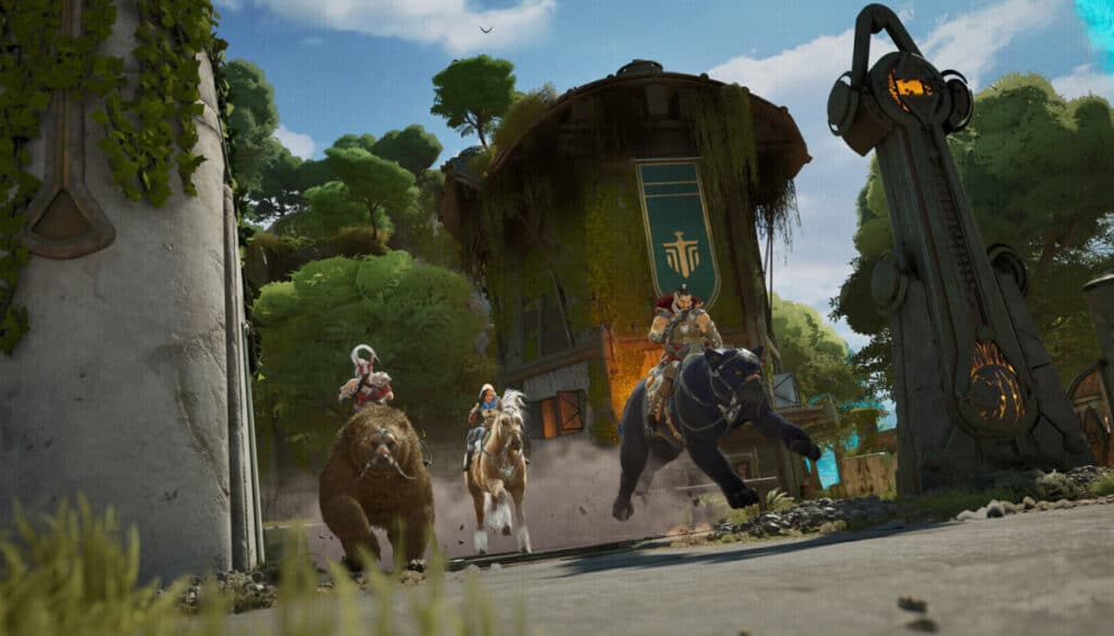 A colorful scene from the video game Highguard depicts three player characters racing their unique mounts through a fantasy environment. On the left, a character rides a large brown beast; in the center, another rides a horse; and on the right, the third character rides a black panther-like creature