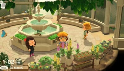 Animal Crossing New Horizons greenhouse area with a central fountain, potted plants, and villagers resting among flowers