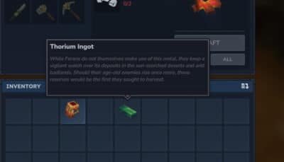 The Hytale inventory displays a thorium ingot with a lore entry describing its guarded deposits in harsh deserts