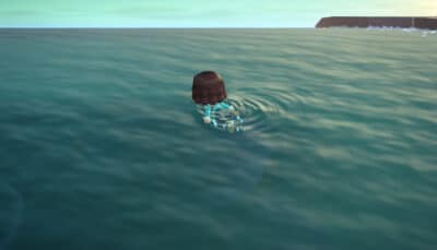 The player character swims across calm ocean waters toward the horizon in Animal Crossing New Horizons
