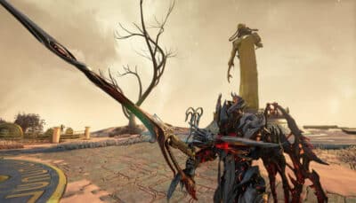 A heavily armored Warframe holds an organic looking sword in a sunlit Orokin courtyard in Warframe