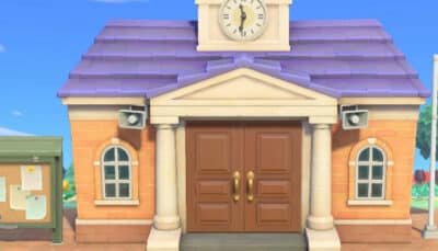 The town hall building stands at the center of the island in Animal Crossing New Horizons