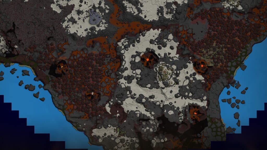 alt text in eng
An aerial map view from the video game Hytale, showing the volcanic biome known as the Devastated Lands or Cinder Wastes, which is characterized by dark terrain, lava pools, and ash-colored areas