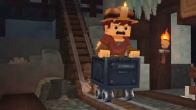 Image of a Hytale miner avatar in a minecart.